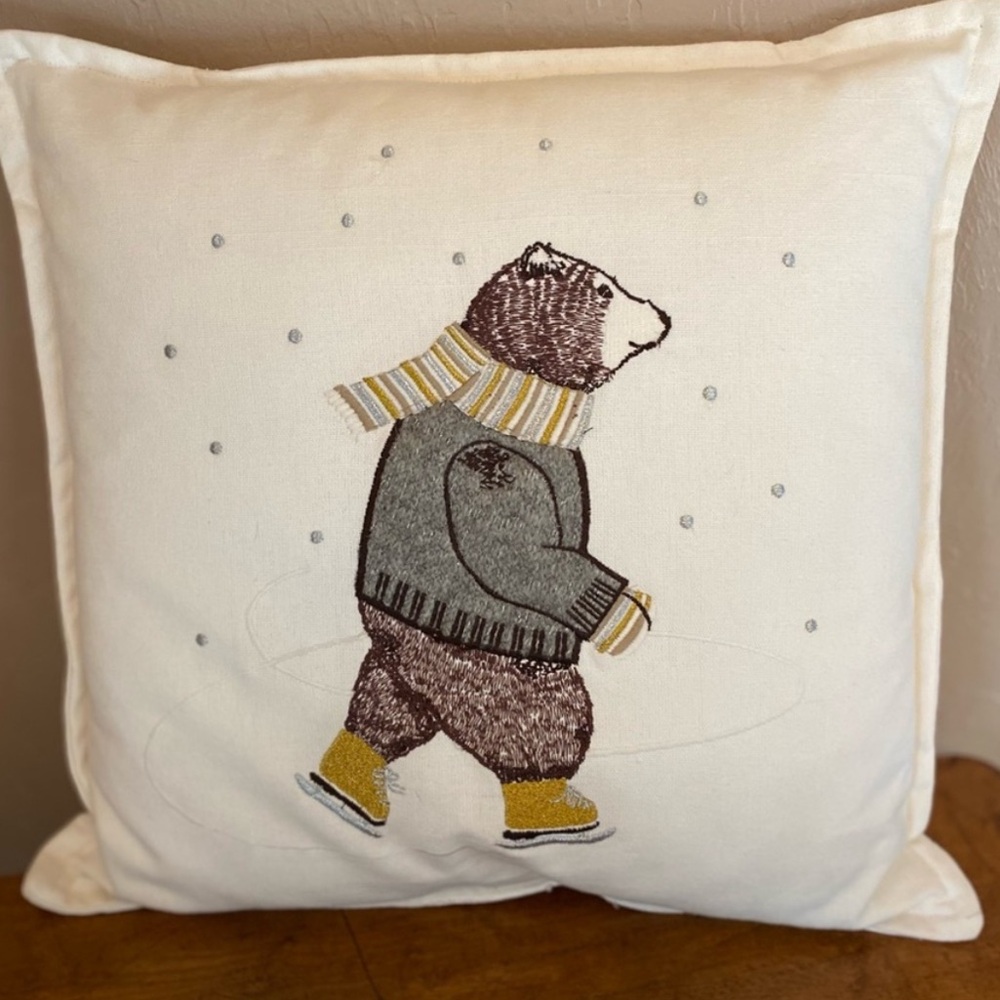 Ice Skating Bear Sweater Wearing With Scarf Pillow 18x18”